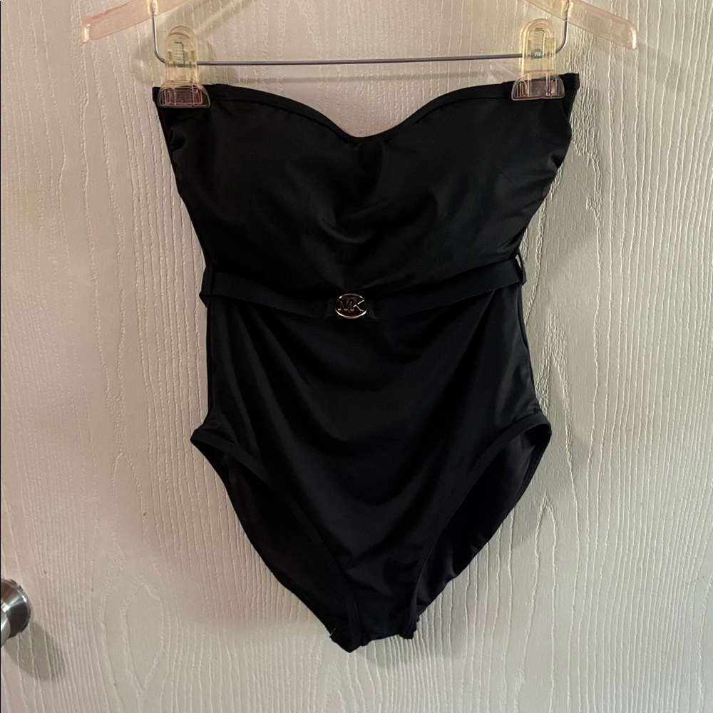 Michael Kors Black Strapless One-Piece with Logo Belt NWT